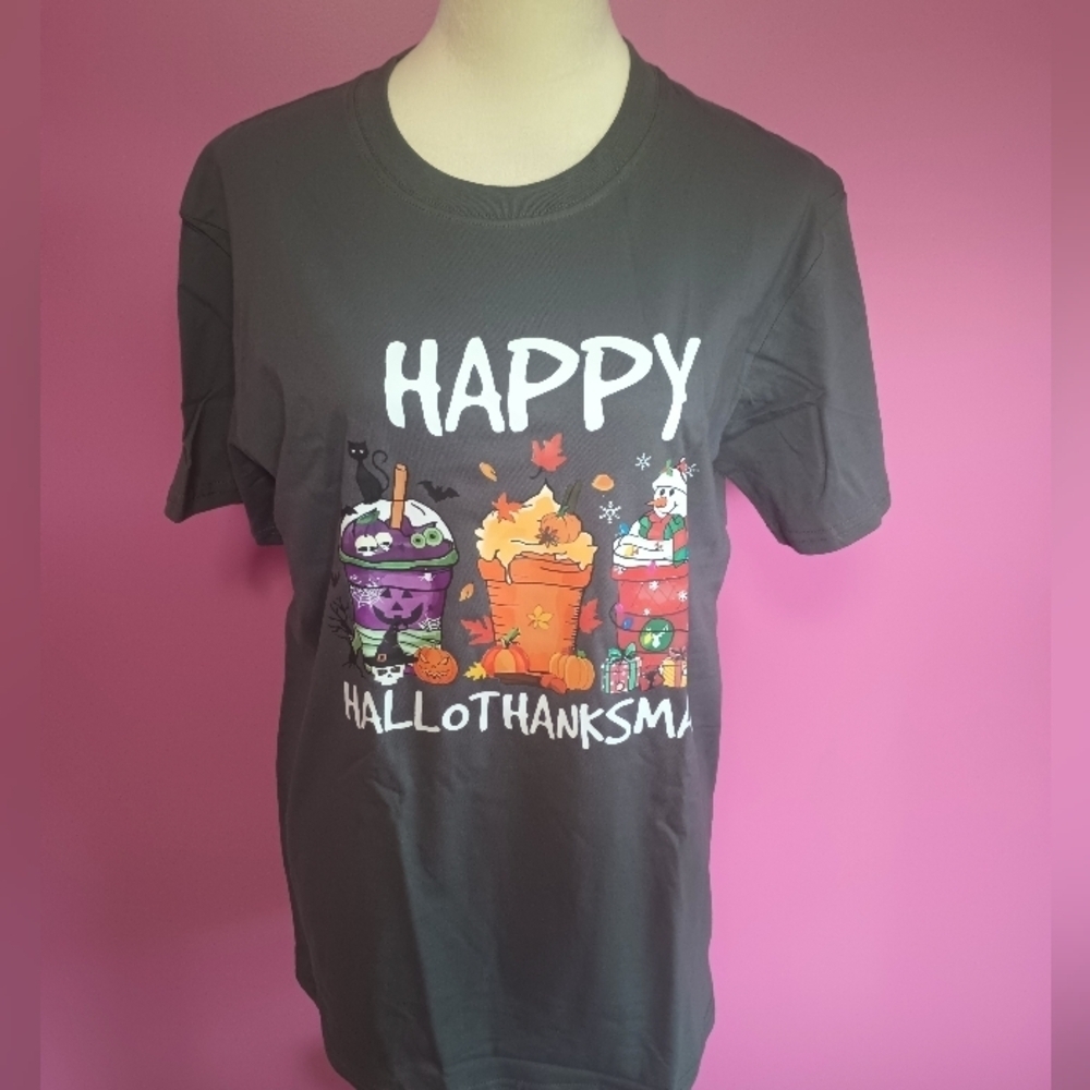 🎃 Happy HalloThanksMas Ladies Fall Holiday T-shirt (Size Large) NWT! - Picture 2 of 6